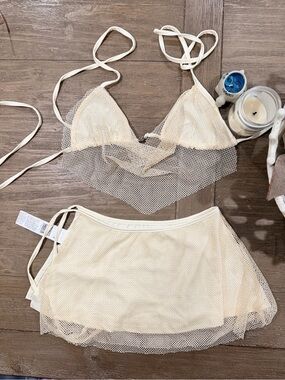 Sheer Mesh Triangle Bikini Top & Skirt Set - Cream NWOT